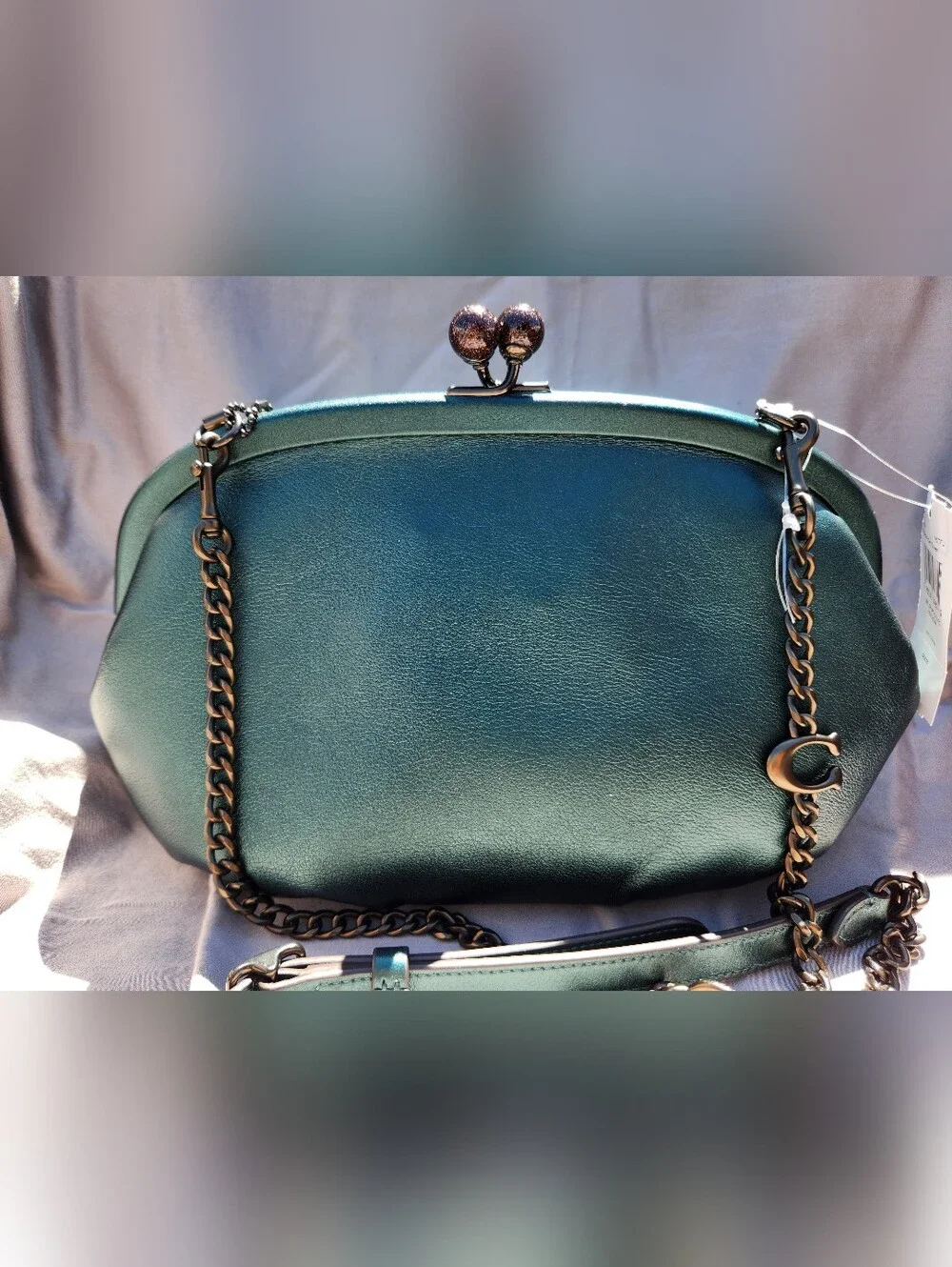 Coach Teal Metallic Leather Kiss-Lock Clutch - Picture 2 of 16